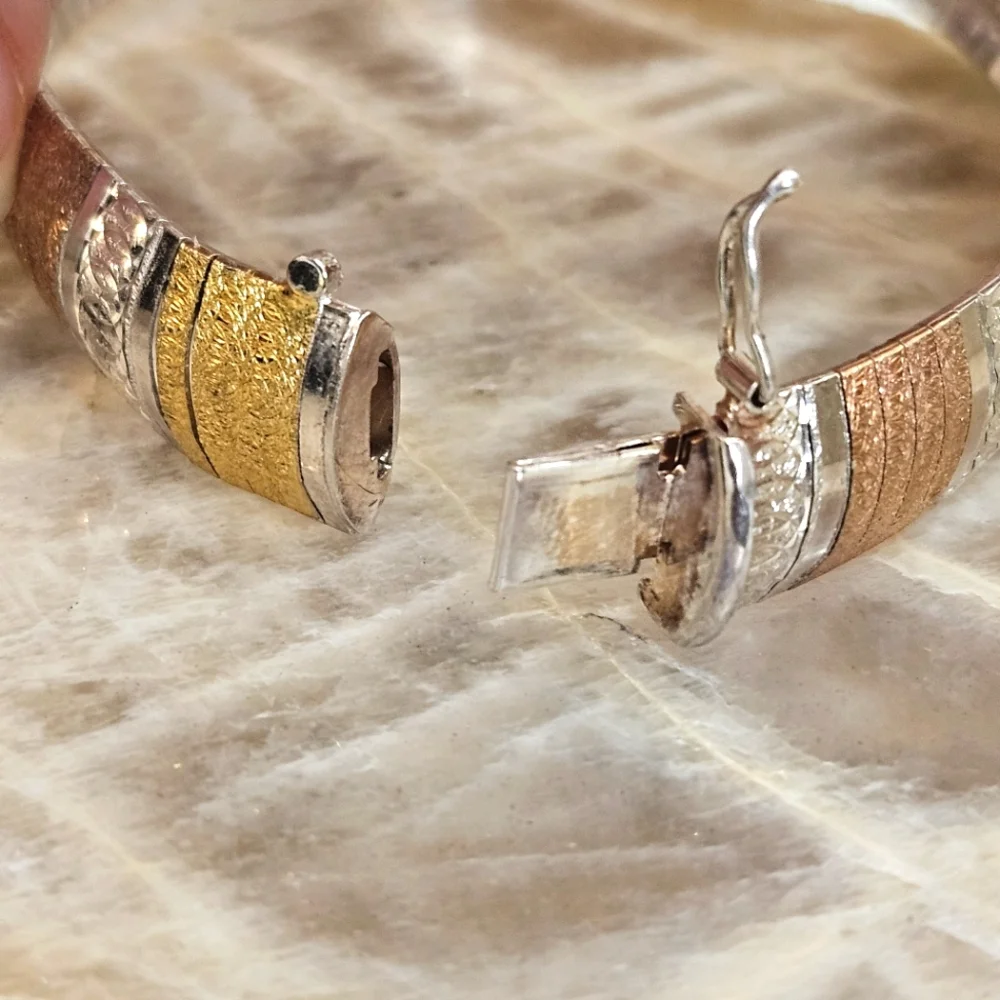 JCM Gold Over Sterling Silver Bracelet 3 Color Vermeil Omega Flex Bangle Italy